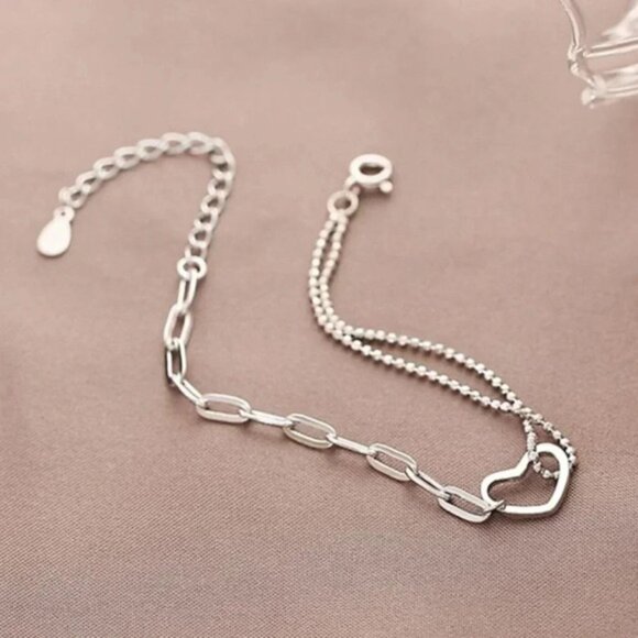 925 Sterling Silver Dainty Heart Bead Chain Link Bracelet - Picture 6 of 7